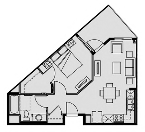 Floor plan for 1 bed, 1 bath, 586 sqft